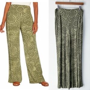 Three Dots Women’s Green Smocked Waist Circle Print Boho Gauze Relaxed Pants L